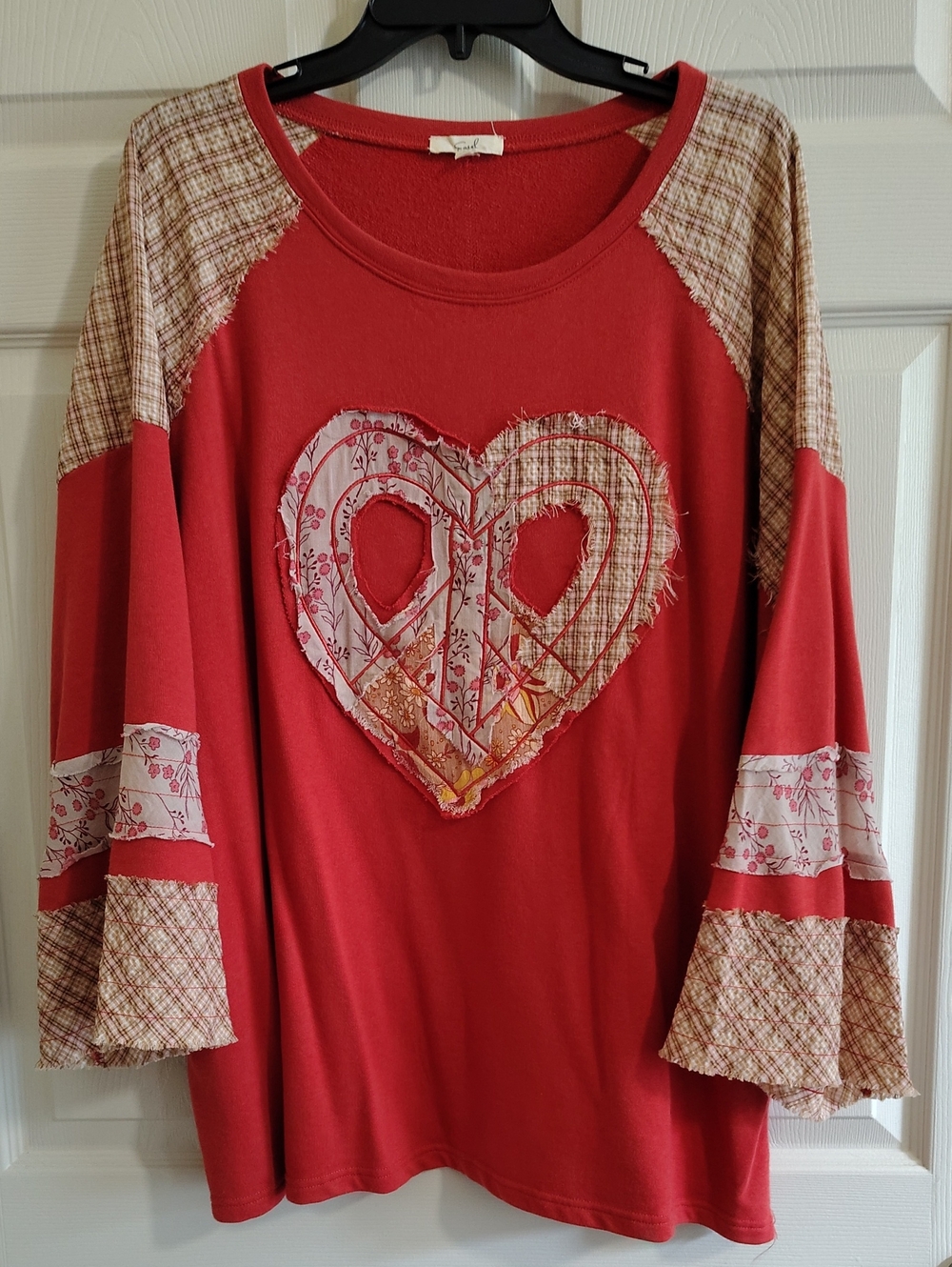 Easel Burnt Orange Patchwork Heart Long Sleeve Women's Top